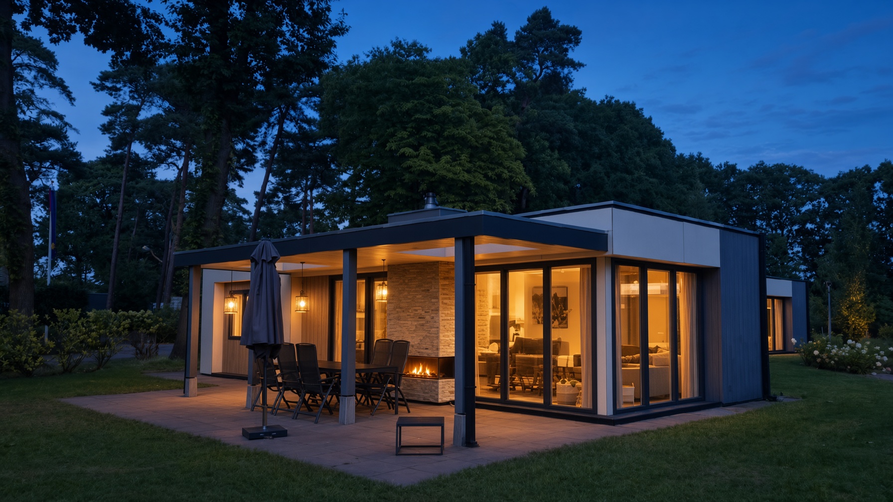 Villa 206 in de schemering, licht brandt binnen
